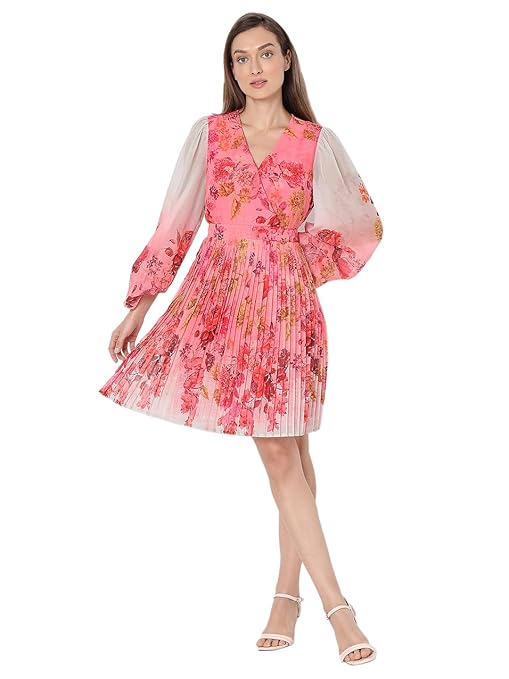 Vivara Moda Women’s Knee-Length Floral Print Accordion Pleats Bishop Sleeve Fit & Flare Dress