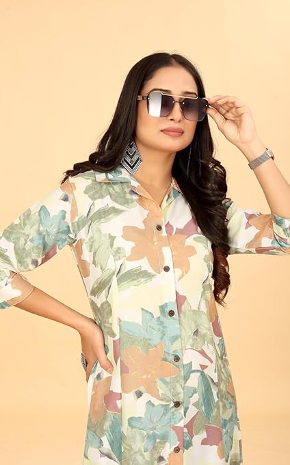 Kesara A-Line Dress for Women Western Rayon Floral One-Piece | Flared Roll-Tab Sleeve Midi Dress