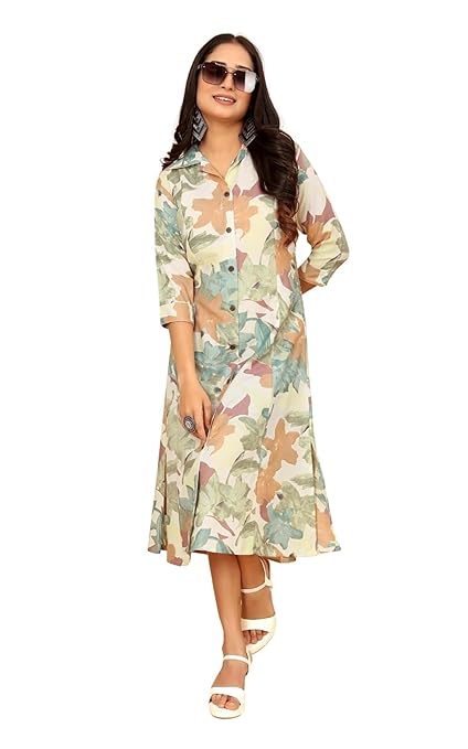 Kesara A-Line Dress for Women Western Rayon Floral One-Piece | Flared Roll-Tab Sleeve Midi Dress