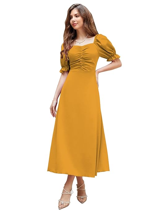 Shivara Girl's & Women's Solid A-Line Ruched Puff Sleeve Maxi Evening Dress Stylish (Dress 131)