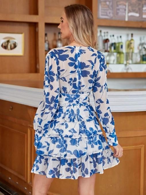 Lunara Styles Women’s V-Neck Floral Print Ruffle Sleeve A-Line Mini Dress | Elegant Casual Party Outfit