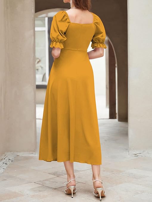 Shivara Girl's & Women's Solid A-Line Ruched Puff Sleeve Maxi Evening Dress Stylish (Dress 131)