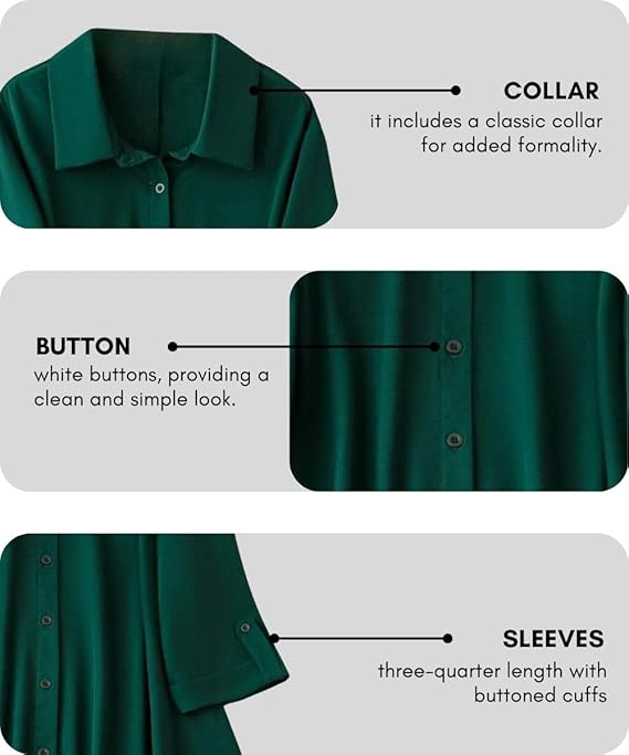 Lunaria Fashion Women's Shirt Dress | Knee-Length, Loose Fit, Button-Down 3/4 Sleeve | Vacation Outfit Pack of 2
