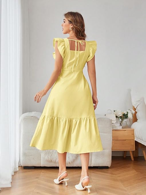 Shamira Girl's & Women's Solid Color Square Neck Ruffle-Hem Sleeveless Dress with Cinched Waist