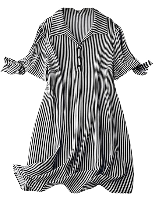 Lunaria Fashion Striped Shirt-Style Mini Dress for Women | Collared A-Line Tunic with Tie Sleeves & Button