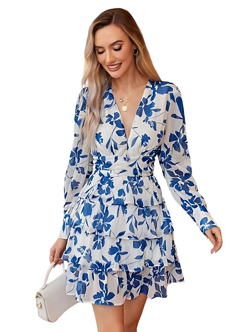 Lunara Styles Women’s V-Neck Floral Print Ruffle Sleeve A-Line Mini Dress | Elegant Casual Party Outfit