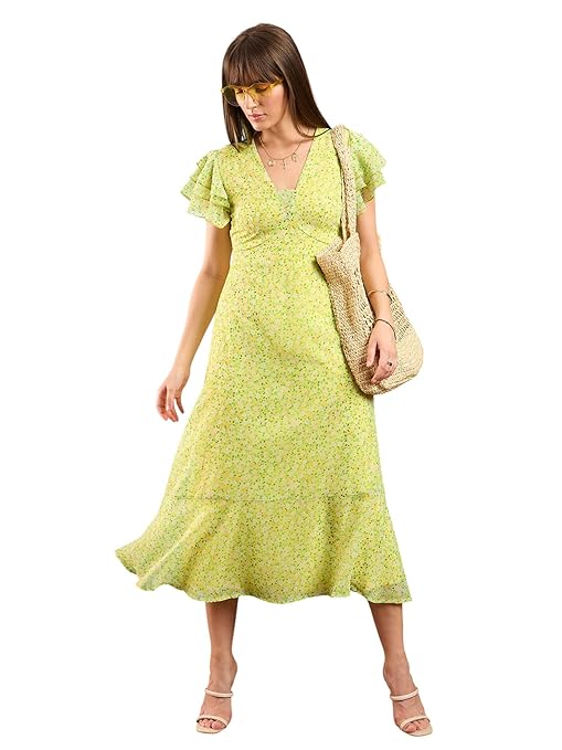 Sapphirea Women’s Ditsy Floral Midi Dress with Flared Sleeves – Stylish Party & Casual Outfit