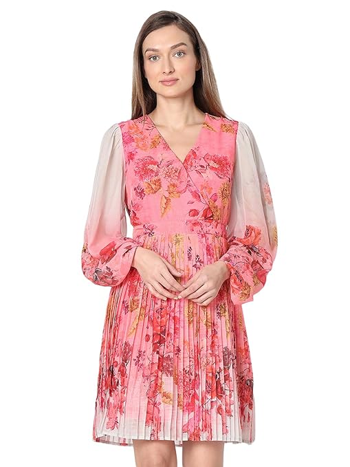 Vivara Moda Women’s Knee-Length Floral Print Accordion Pleats Bishop Sleeve Fit & Flare Dress