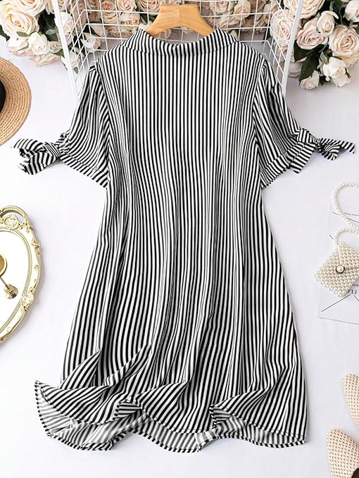 Lunaria Fashion Striped Shirt-Style Mini Dress for Women | Collared A-Line Tunic with Tie Sleeves & Button