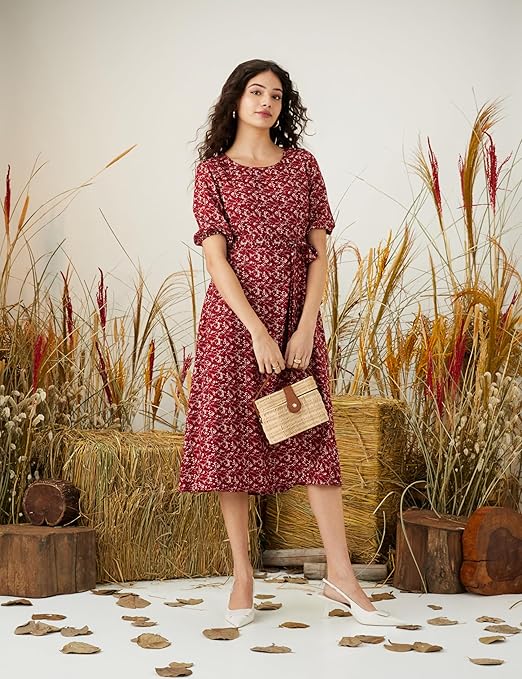 Aurelia Vogue Women's Rayon Fit & Flare Midi Dress with Self-Fabric Belt | Stylish One Piece Plus Size